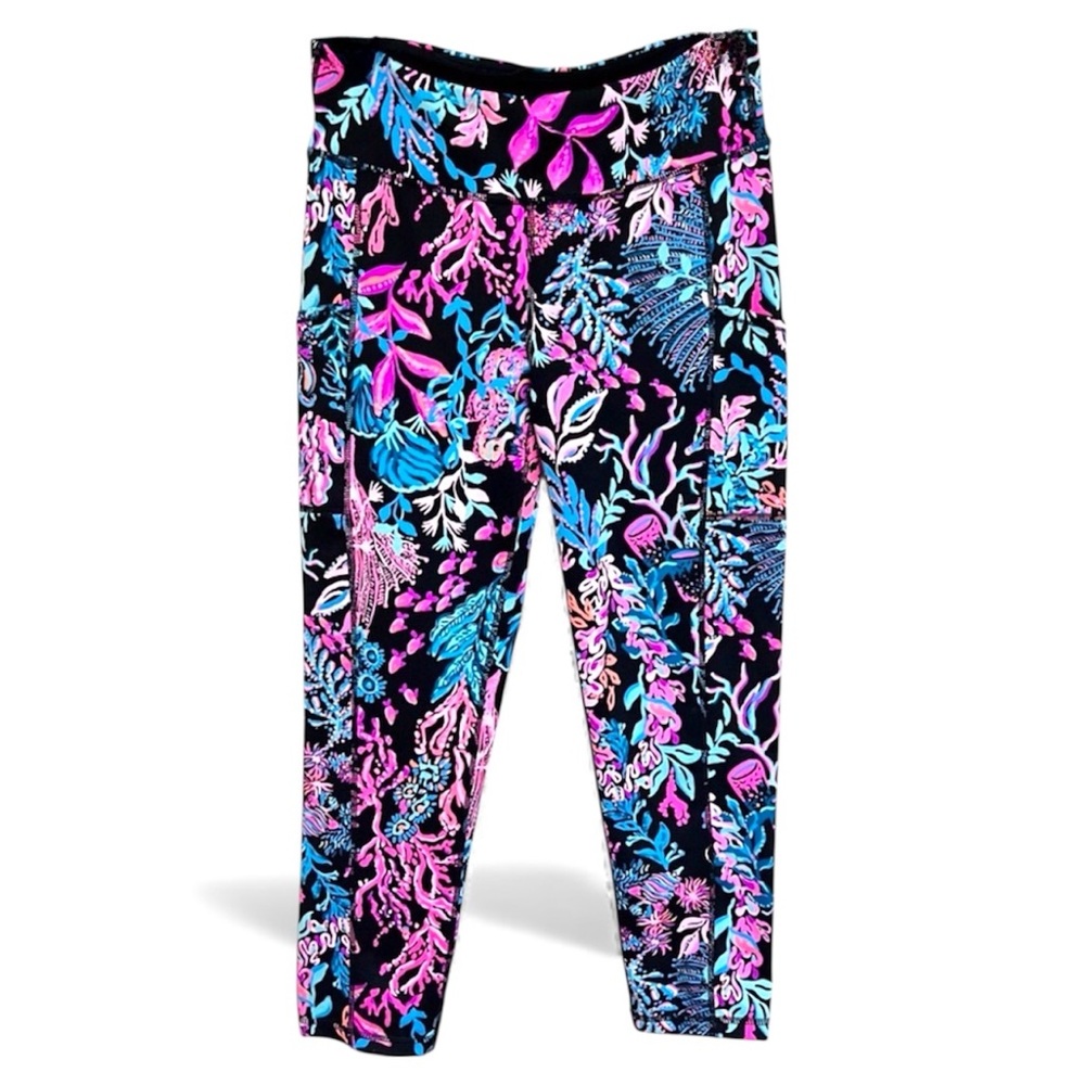 Lilly Pulitzer Luxletic Weekender Mid Rise Midi Leggings Onyx Twilight Coral M